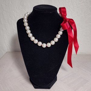 Faux Pearl and Ribbon Necklace